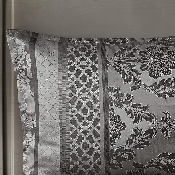 Madison Park Bellagio Cozy Comforter Set - Luxurious Jaquard Traditional Damask Design, All Season Down Alternative Bedding with Matching Shams, Decorative Pillow, Queen(90"x90"), Grey 7 Piece